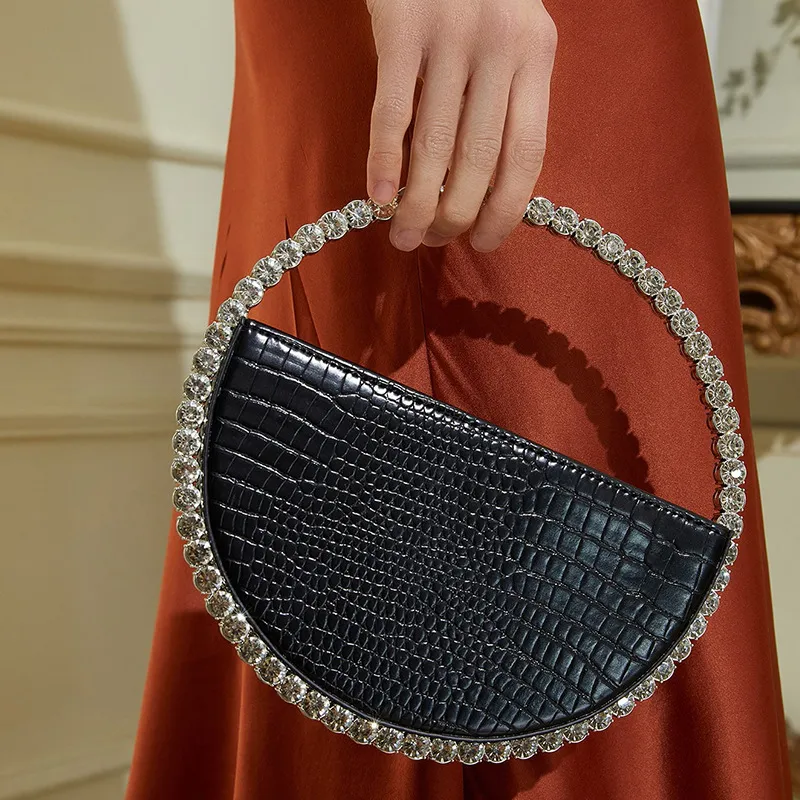 HBP Rhinestone Circular Handle Evening Bag Women 2023 New Elegant Designer Diamonds Round Red Clutch Purse Ladies Chic Handbag Party