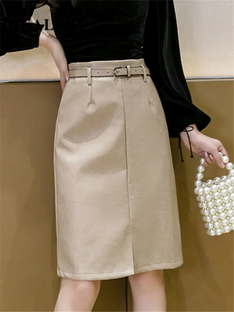 Skirts REALEFT Autumn Winter PU Leather Skirt Elegant Midi Skirts High Waist Front Split Sheath Wrap Skirts with Belt Female 230308