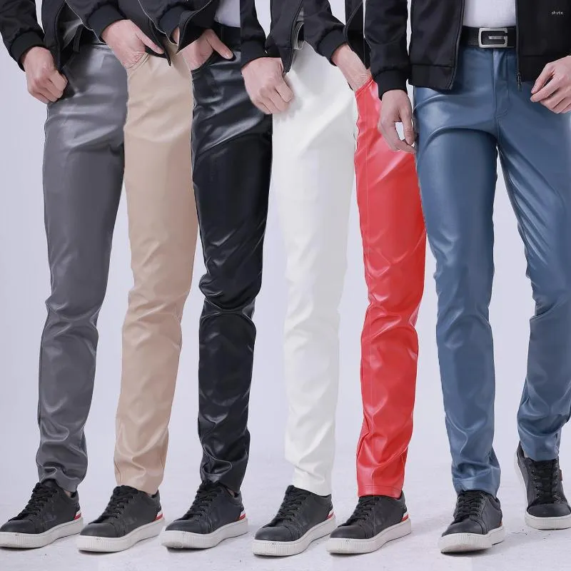 Men's Pants Harajuku Fashion Vintage Leather Men Slim Fit Biker Spring Autumn Waterproof Windproof Thin Faux Trousers