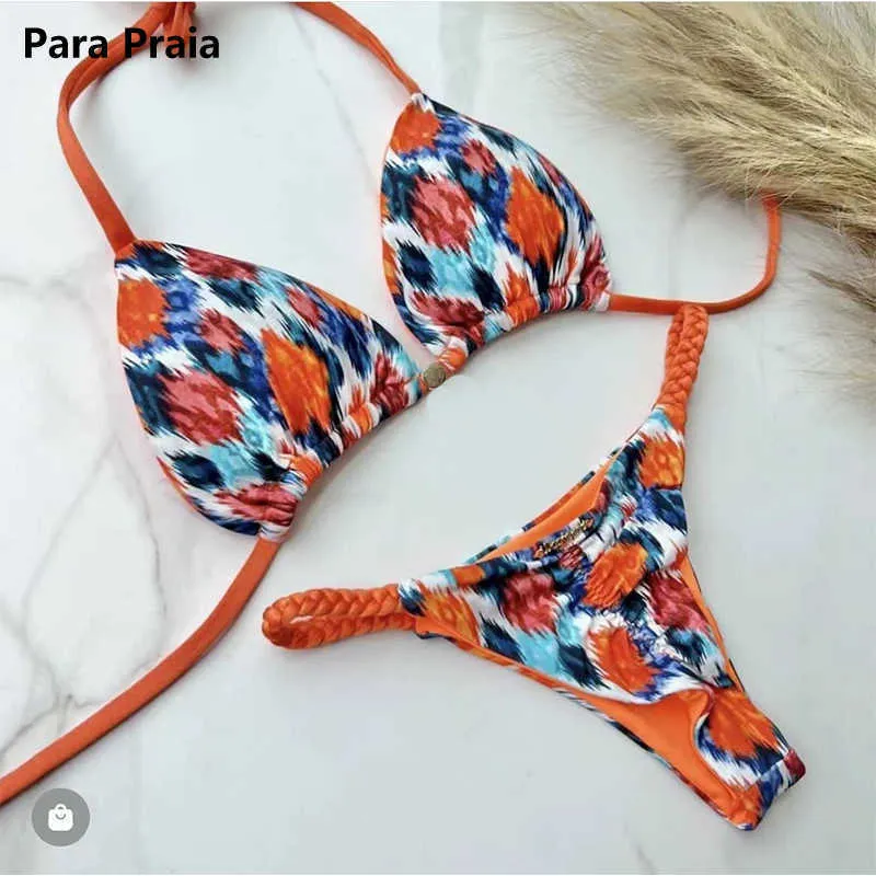 Kvinnors badkläder Para Praia Blue Print Halter Bikini Set 2023 High Cut Swimsuit Women badkläder Bandage Brasiliansk baddräkt T230307