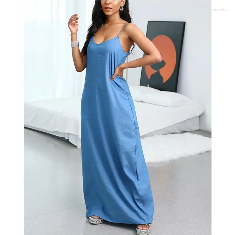 Casual Dresses Women Sleeveless V Neck Halter Long Dress Streetwear Elegant Plain Spaghetti Strap Denim Loose Maxi