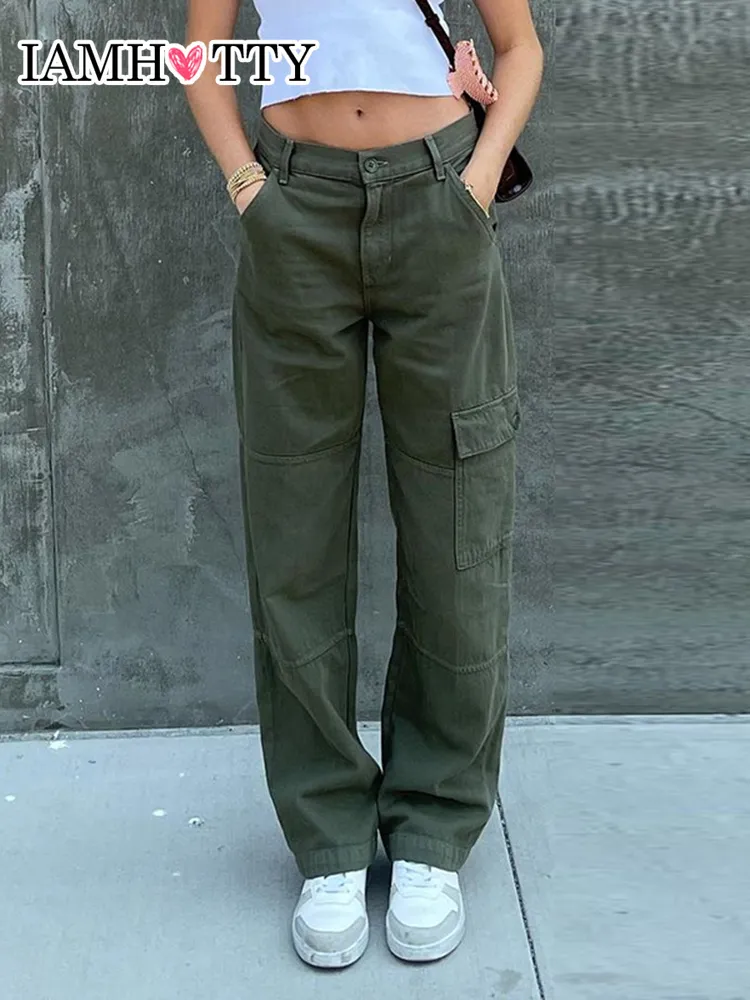 Jeans Da Donna Street Style Jeans Dritti A Gamba Larga Verde