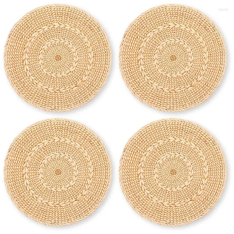 Table Mats High-Density Round Woven Placemats Set Of 4 12 Inch Large Braided Rattan Corn Husk