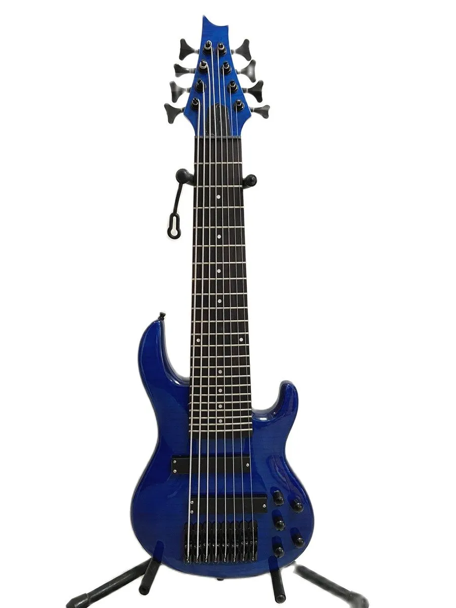 Custom 8 String mini portátil Bass Guitar Guitar Blue Flame Maple Maple Body Back Hardware