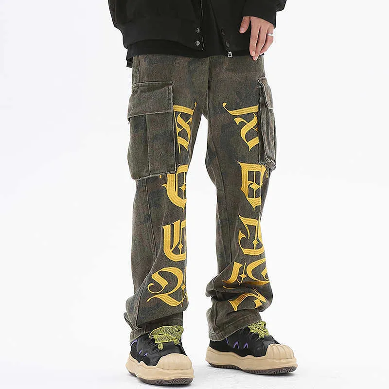 Men's Letter Embroidery Side Pockets Camouflage Jeans Cargo Pants For Men Straight Spliced Streetwear Baggy Casual Denim Trousers Z0301