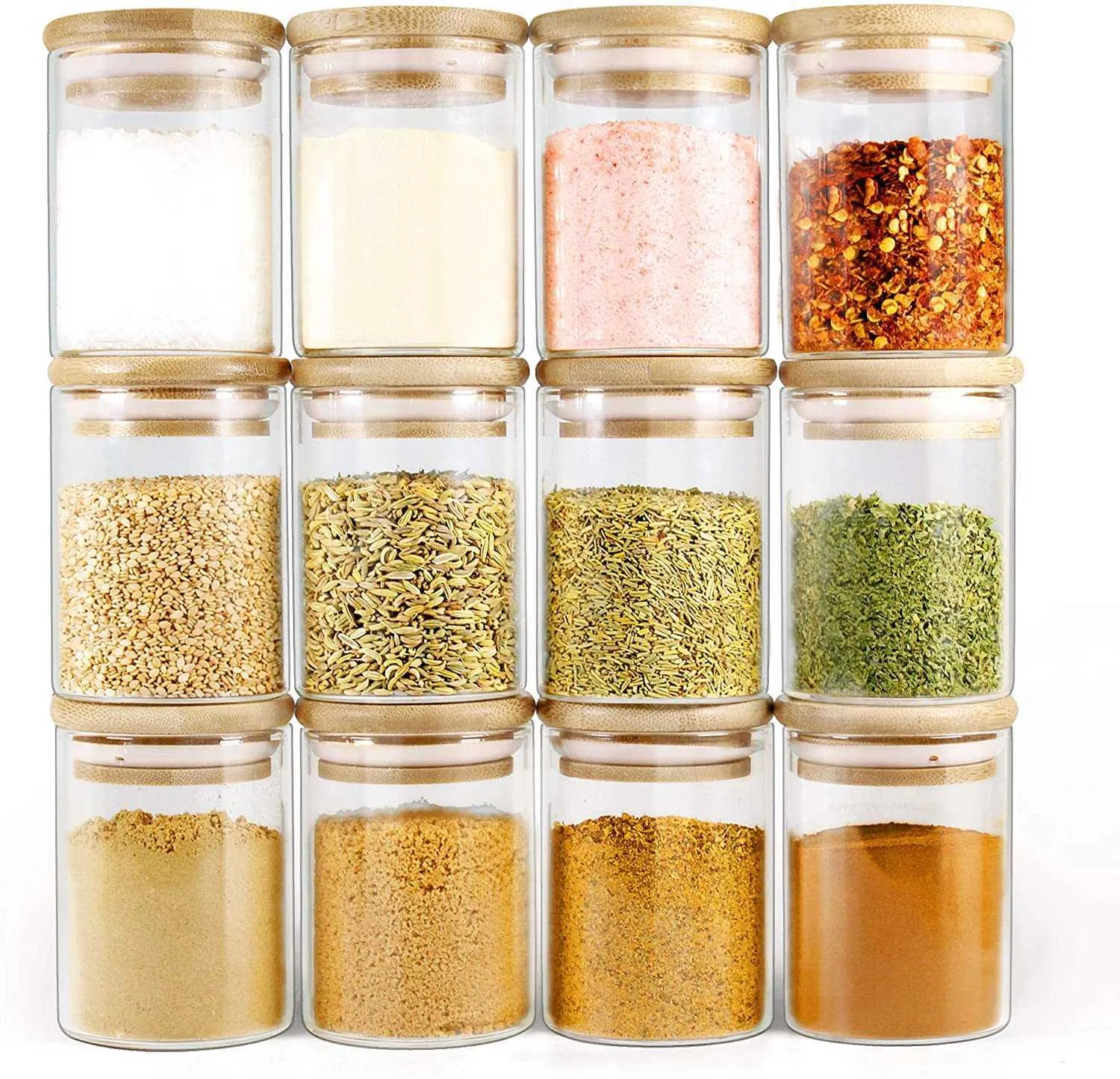 Barattoli in vetro con coperchio in bambù, confezione da 12, barattoli quadrati da 250 ml, contenitori ermetici per sale, zucchero, semi, noci, tè