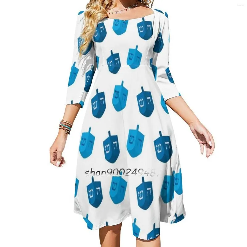 Casual Dresses Dreidels-Hanukkah Square Neck Dress Cute Loose Print Elegant Beach Party Hanukkah Dreidel Jewish Holiday