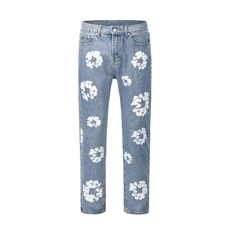 Pantalones Florales Para Hombres Denim De Pierna Recta: Jeans De