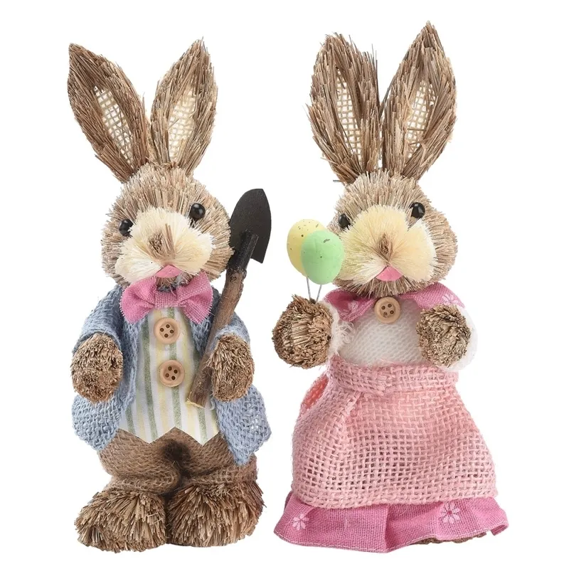 Decorative Objects Figurines 2PCS 23 35CM Straw Bunny Easter Decor Simulation Cute Rabbit Ornament Home Window Decoration Props Children Gift 230307