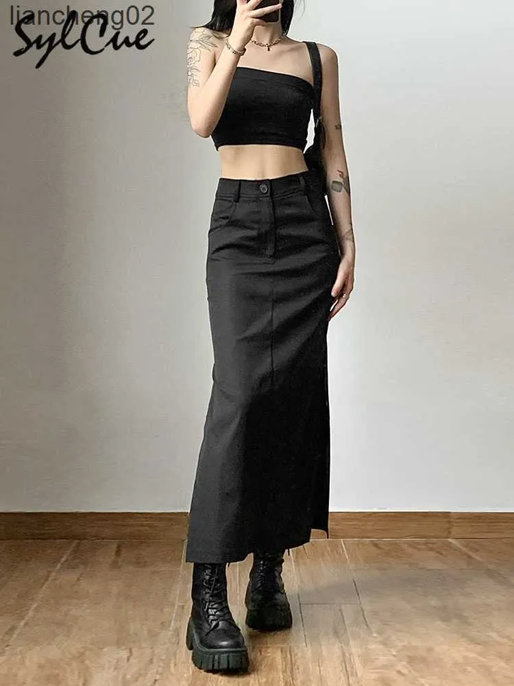 Skirts Sylcue Simple Black Split Sexy Slim Hot Versatile Light Cool Thin Summer Women's Mature Feminine Charm Street Skirt Long W0308