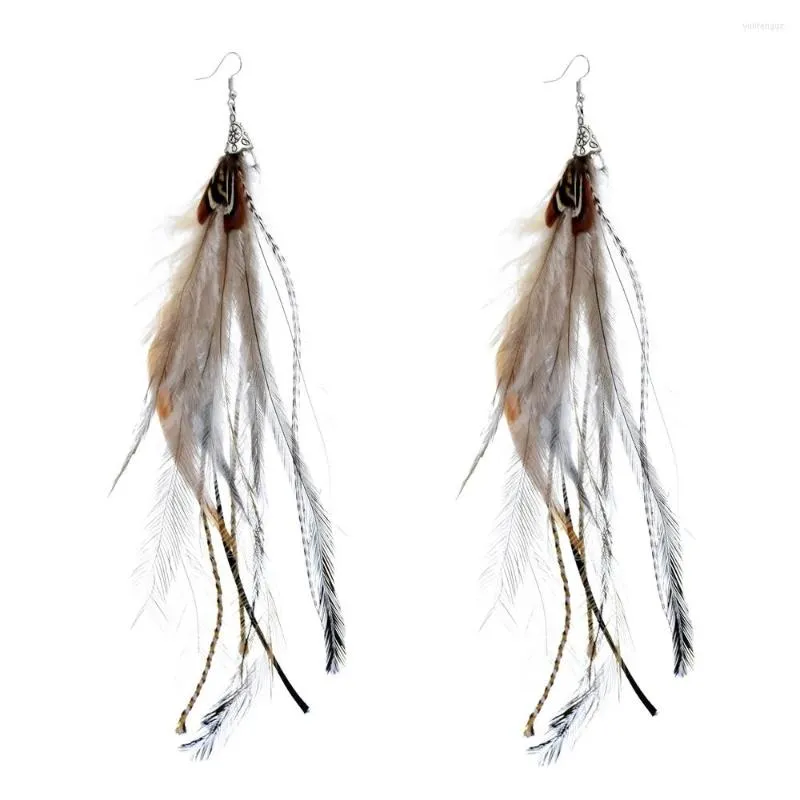 Boucles d'oreilles en peluche bohème ethnique zébrée pure plume naturelle longue pour les femmes riz riz chain tassel