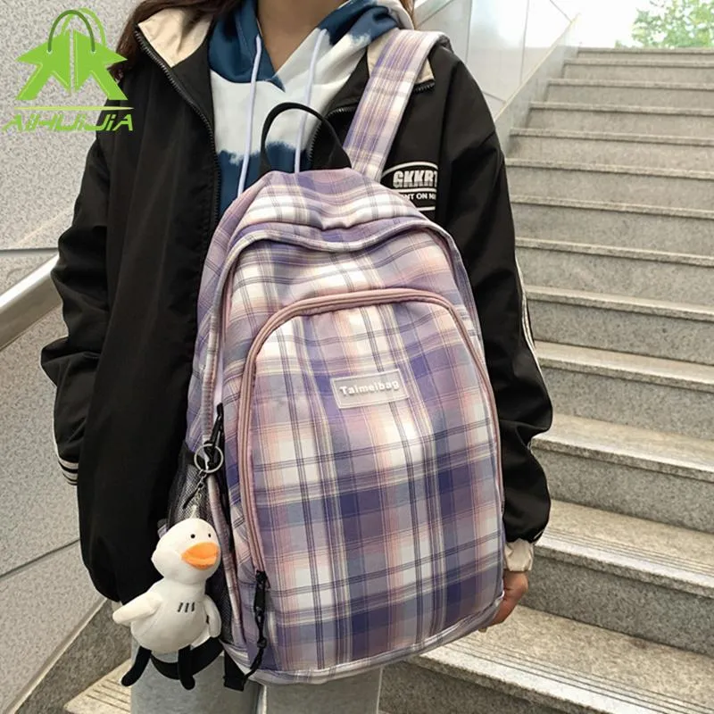 Ryggsäck mode unisex hög kapacitet gitter multifunktion studentskolväskor bomulls fritidskvinnor axel handväska