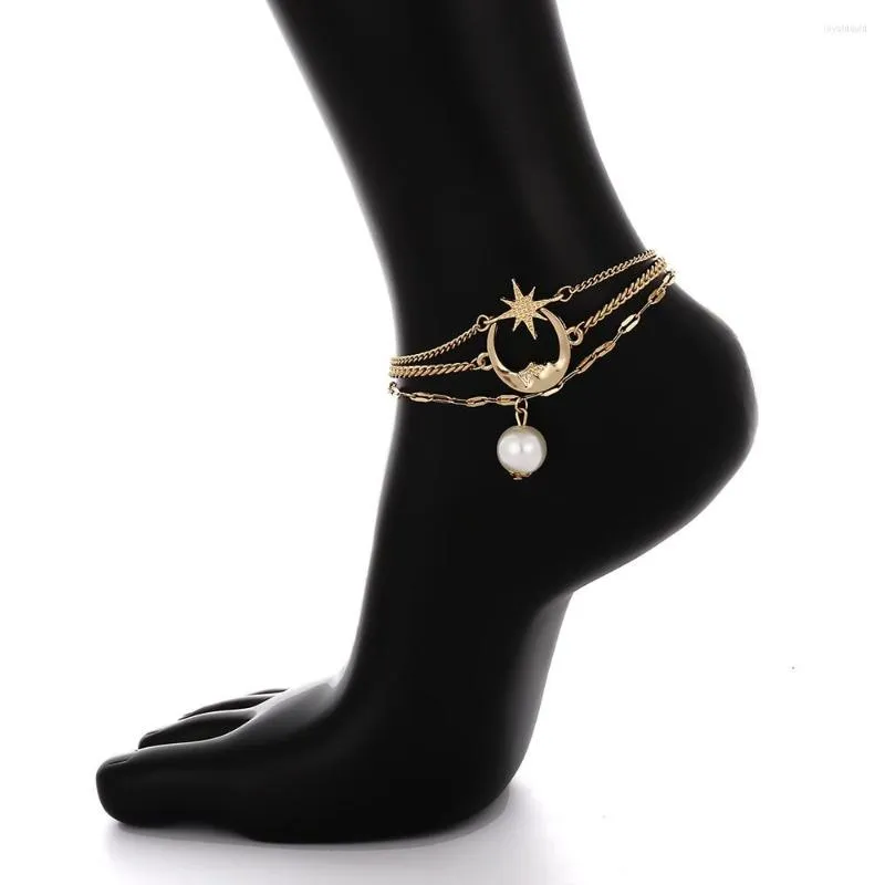 Anklets Gold Decoration Simple Moon Star Multi-layer Anklet For Women Made Pearl Beach Geometric Vintage Foot Jewelry Party 2023