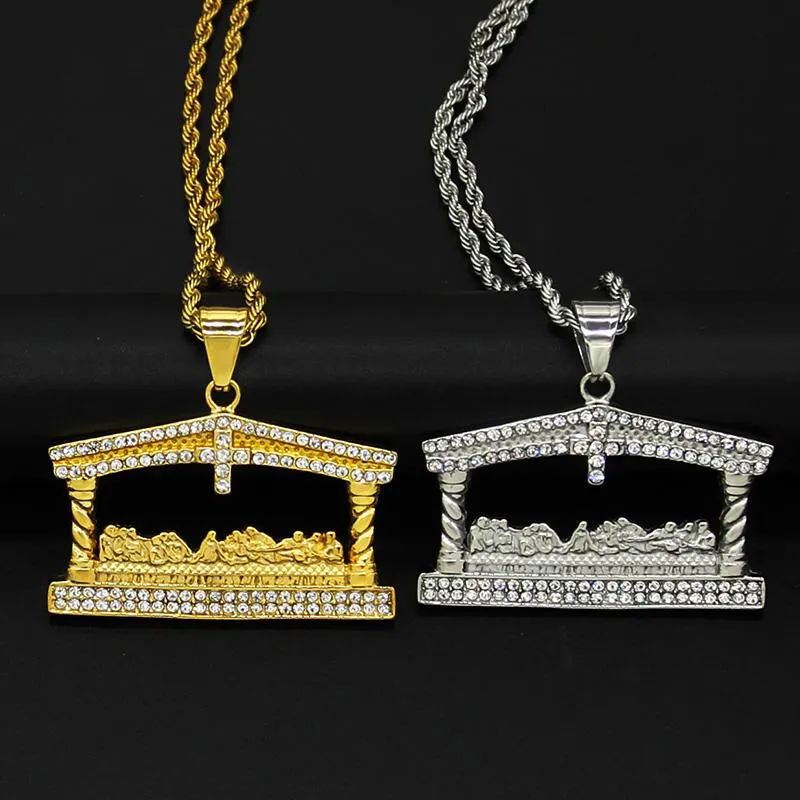 Pendant Necklaces Hip Hop Bling Iced Out Gold Color Stainless Steel The Last Supper Square Pendants For Men Rapper Jewelry