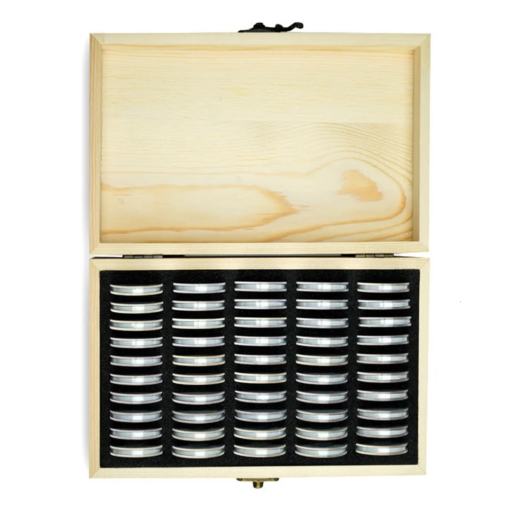 Food Savers Storage Containers 50Pcs Coin Holder Case With Wooden Box Round Capsules Commemorative Display Organizer 230307