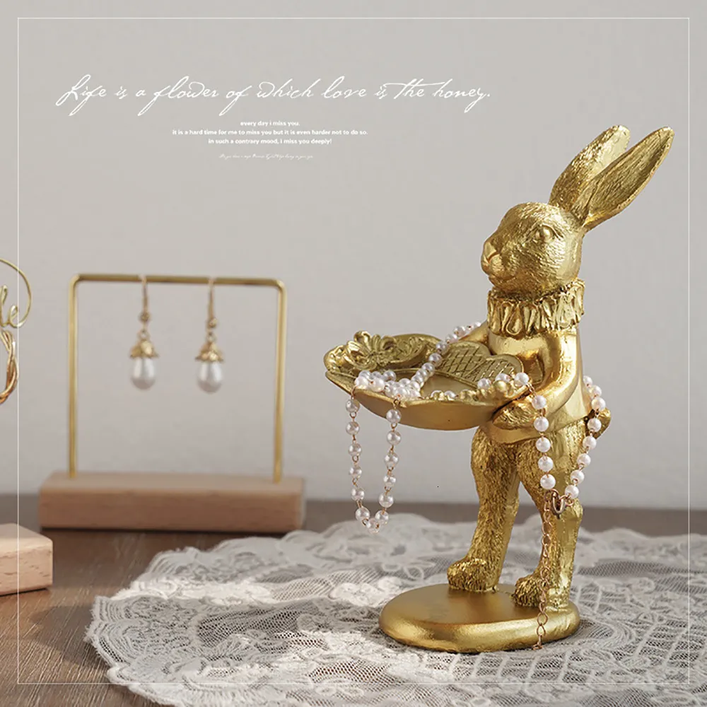 Decoratieve objecten Figurines Cute Golden Bunny Figurine Sieraden Ring Tray Easter Rabbit Standbeeld Resin Animal Sculpture Huistafel Bureau Ornament 230307