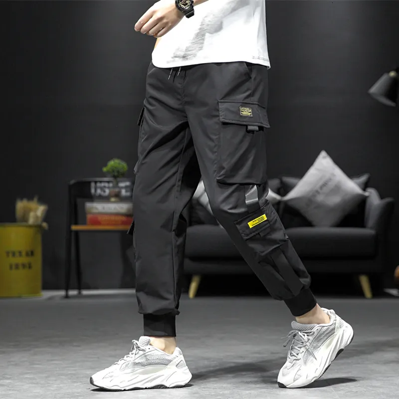 Pantaloni da uomo Streetwear Hip Hop Nero Harem Elastico in vita Punk con nastri Pantaloni da jogger slim casual 230309