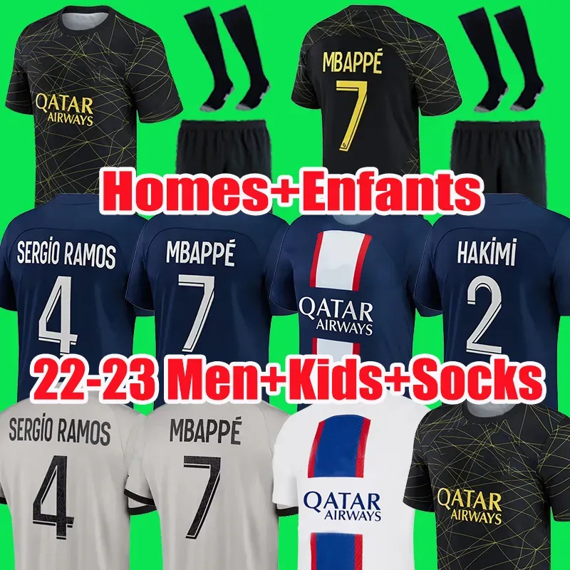 Mbappe Hakimi #30 Voetballen Jerseys vierde 4e zwarte Sergio Ramos 22 23 Maillots de football 2022 2023 Marquinhos Verratti PSGS Men Kids Kit Sh