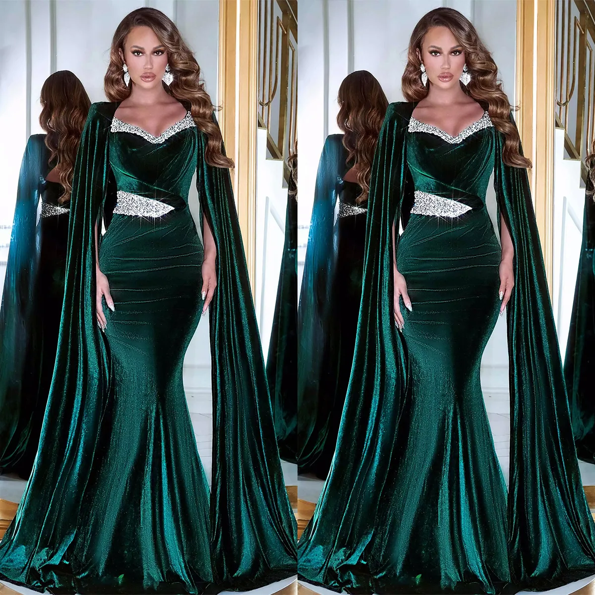 Glamour Sirène Robes De Bal À Manches Longues Châle En Taffetas Avec Des Paillettes Brillantes Taille Haute Étage Longueur Plus La Taille Robe De Soirée Sur Mesure Robe De Noite