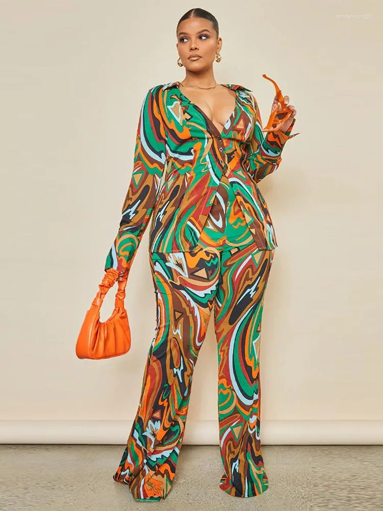 Etniska kläder 2 -stycken Set African Clothes Women Shirt Tops and Flare Pant Suit Autumn Print Fashion Bazin Riche Kanga Outfits