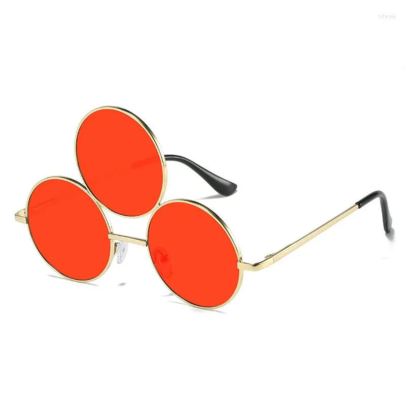 Óculos de sol 2023 Terceiros lentes 3 olhos redondos Mulheres metal copos de sol vintage para homens Moda Eyewear Shades UV400