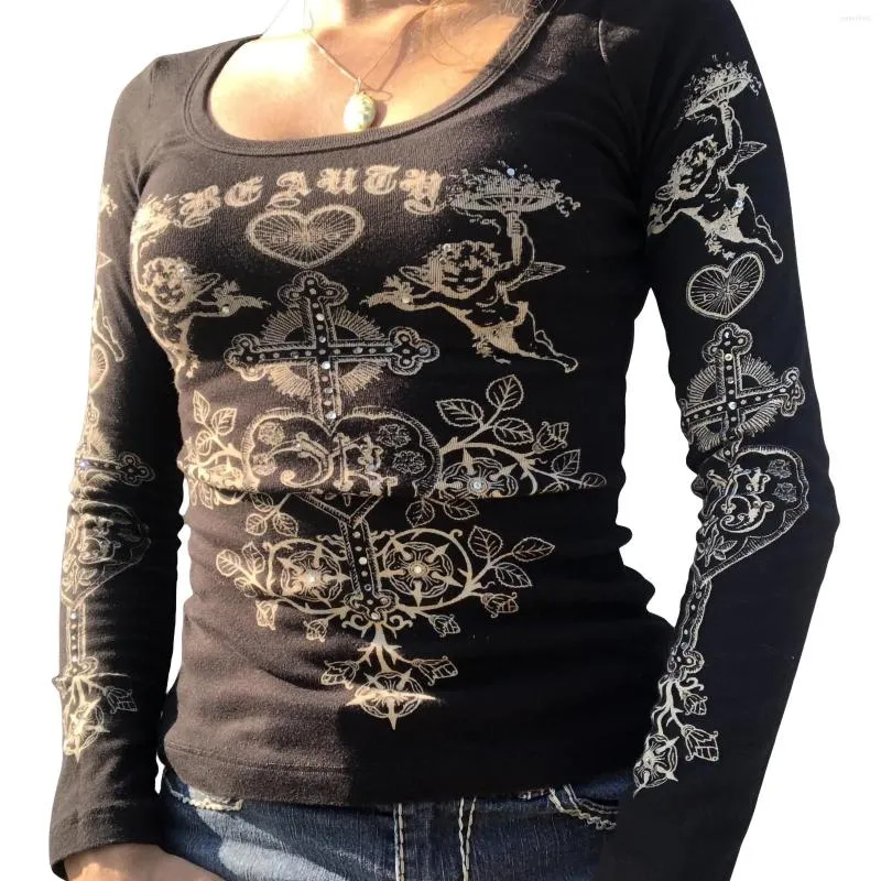 Kvinnors T-skjortor Kvinnor Fashion Wild T-shirts Angel Print Round Neck Lång ärm Bottoming Spring Autumn Slim Fit Tops Streetwear Gothic