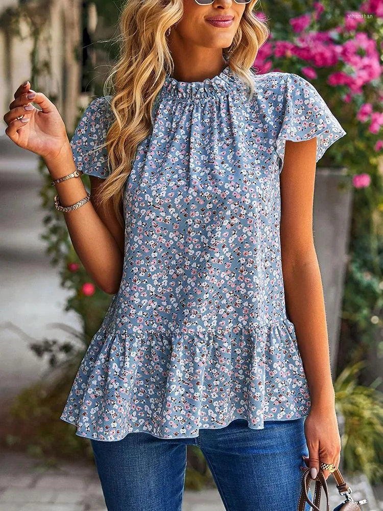 Blouses pour femmes Boho Print Shirt Femmes Blouse à volants Femme décontractée E élastique O Cou