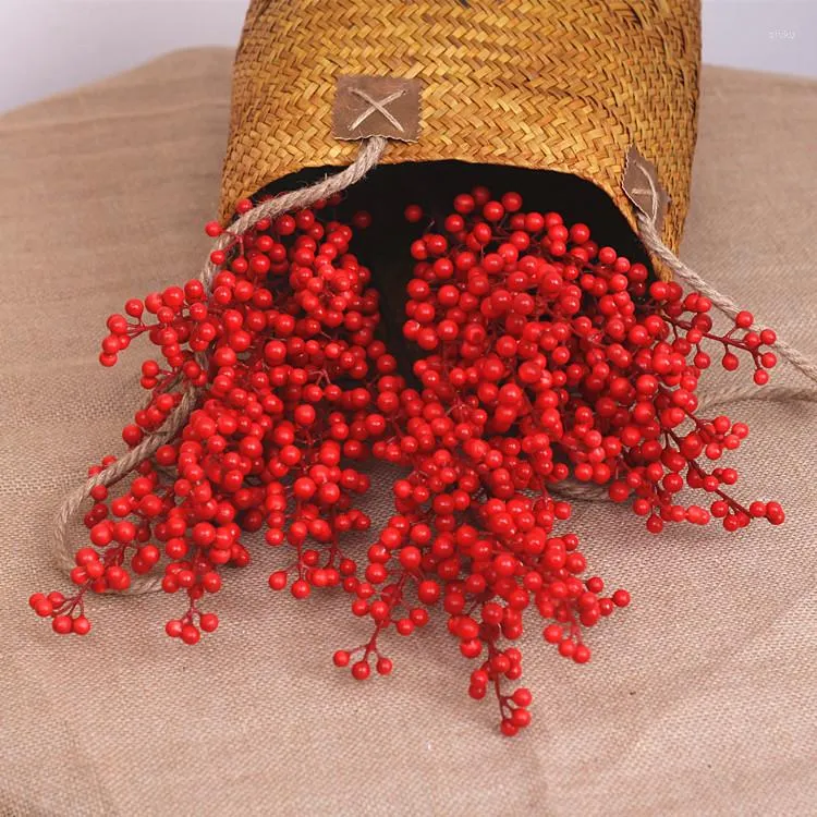 Decorative Flowers Desktop 5 Forks Red Berry Cherry Artificial Plant Christmas Decoration Foam Fake Flower Bean Branch For Year Home Decor