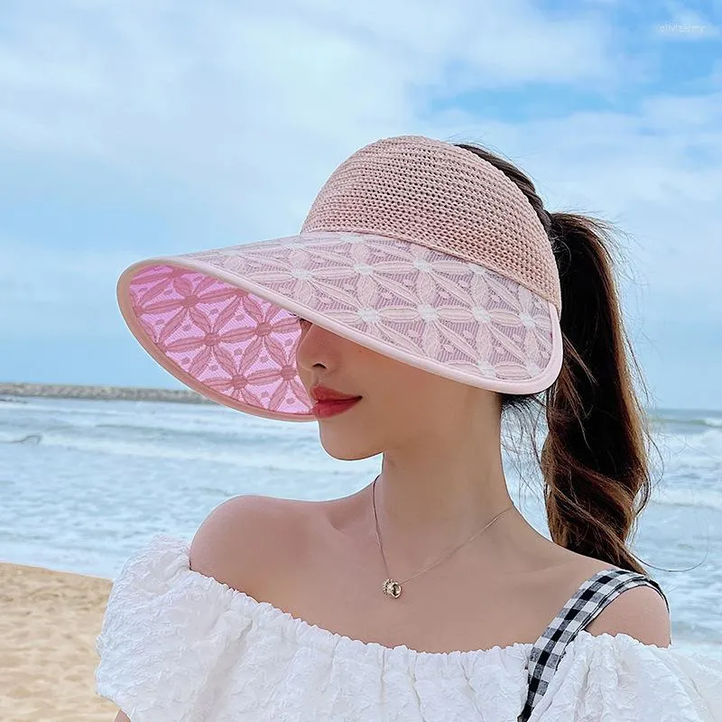 Wide Brim Hats Beach Lace Plaid Sun Hat Empty Top Summer Discoloration Cap Ladies Sunhat Big Women Cycling Windproof Protection