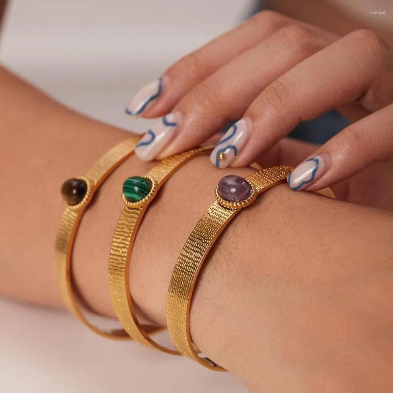 Bangle Grier Ins roestvrij staal vergulde armbanden voor vrouwen open mode sieraden tijgersteen/groen malachiet/paars agaat