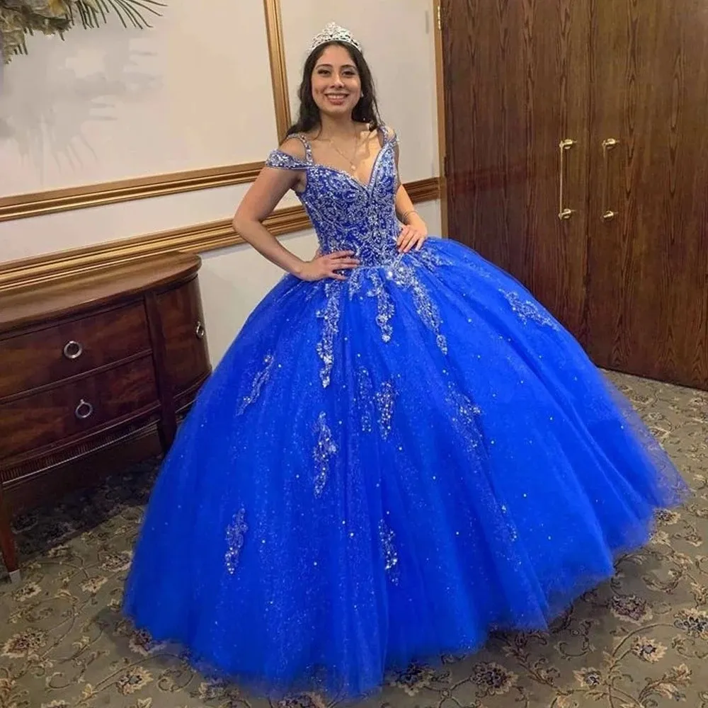 Quinceanera sukienki eleganckie seksowne z ramion w dekolcie królewskie niebieskie kryształowe aplikacje do piłki z rozmiarami Sweet 16 Debiutante Party Birthday Vestidos de 15 Anos 32