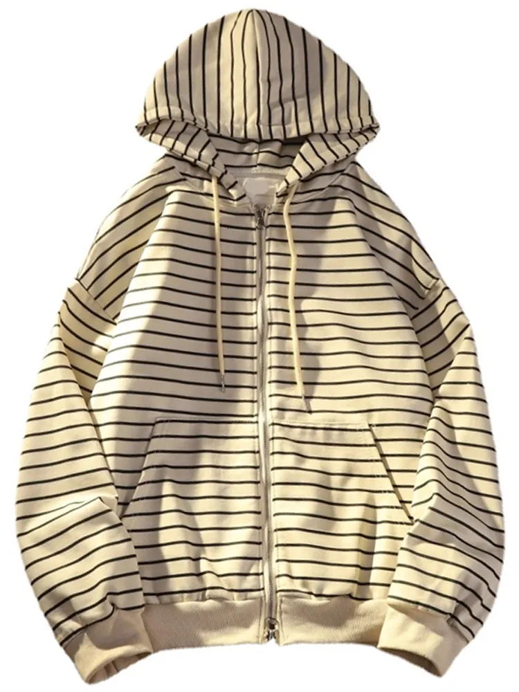 Sweats à capuche pour femmes Sweats Zip Up Femmes Sweats à capuche de style coréen pour les filles Top Vintage Stripe à manches longues Sweat à capuche surdimensionné Veste Casual Grands Manteaux 230309