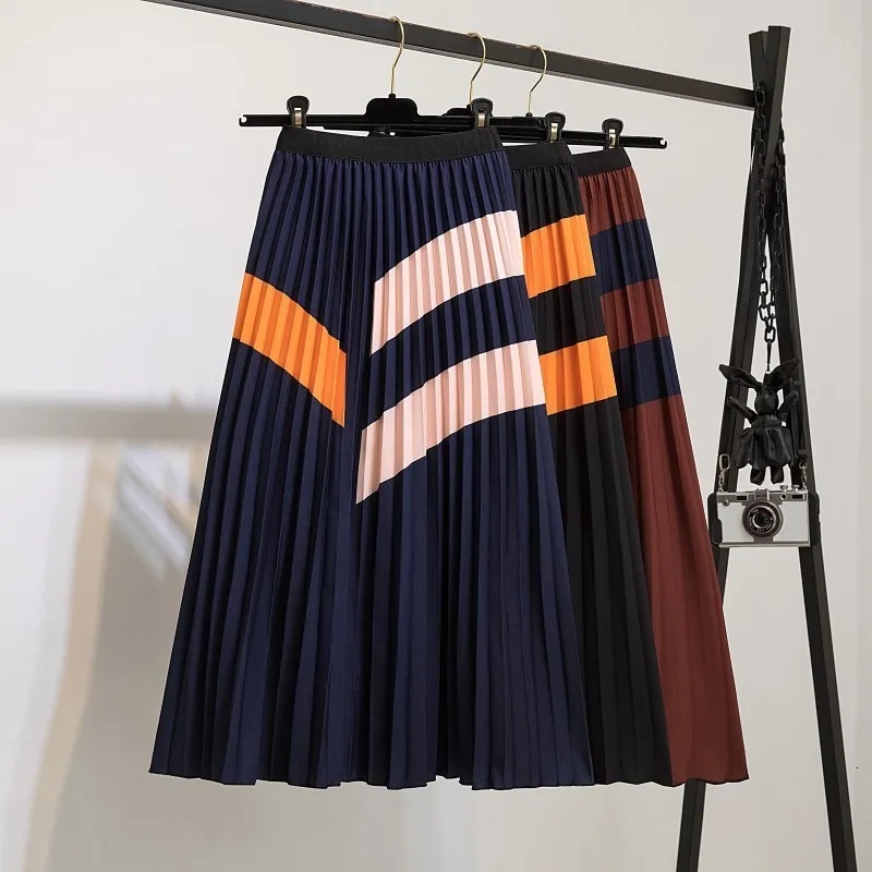 Skirts Female Young Cartoon Print Pleated Skirts Womens High Waisted Elastic Summer Mid-Calf Long Skirt for Women Girls Party 230308