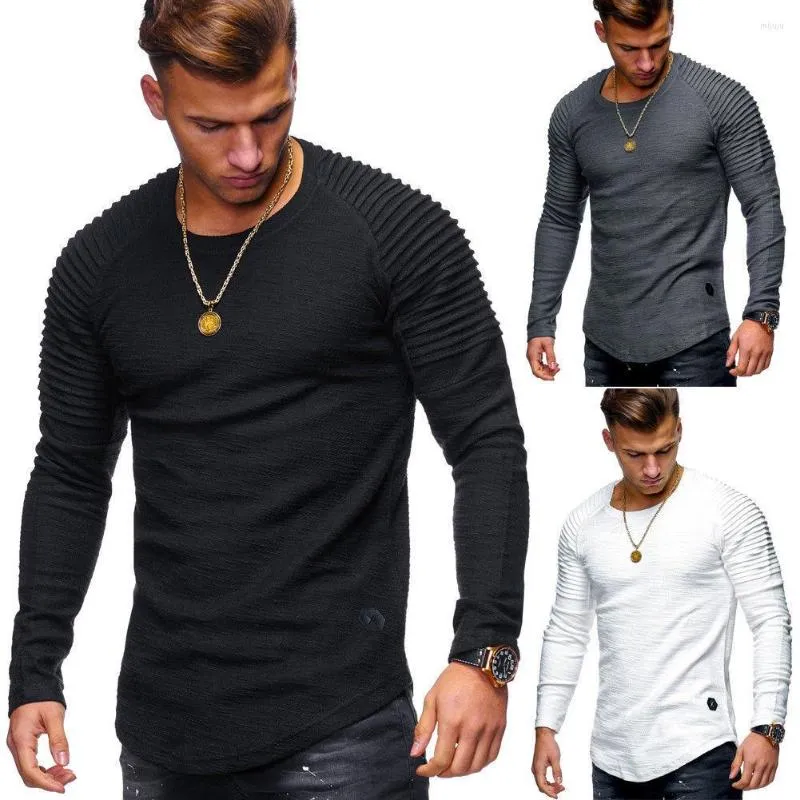 Men's T Shirts Large Size Striped Pleated Raglan Sleeves Men's Round Neck Slim Solid Color Long Sleeve T-shirt 3XL