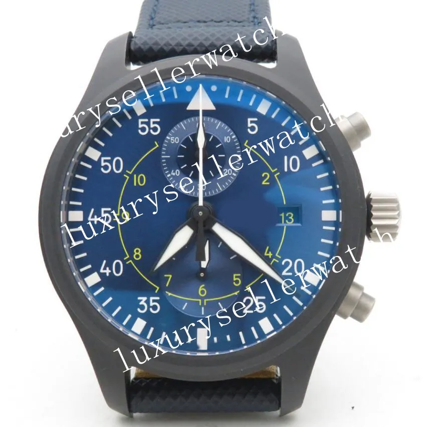 メンズスーパーZFFファクトリー44mmオートマチックムーブメントクロノグラフブルーダイヤルと数字の青いレザーストラップ付きシングルフォールド展開バックル腕時計