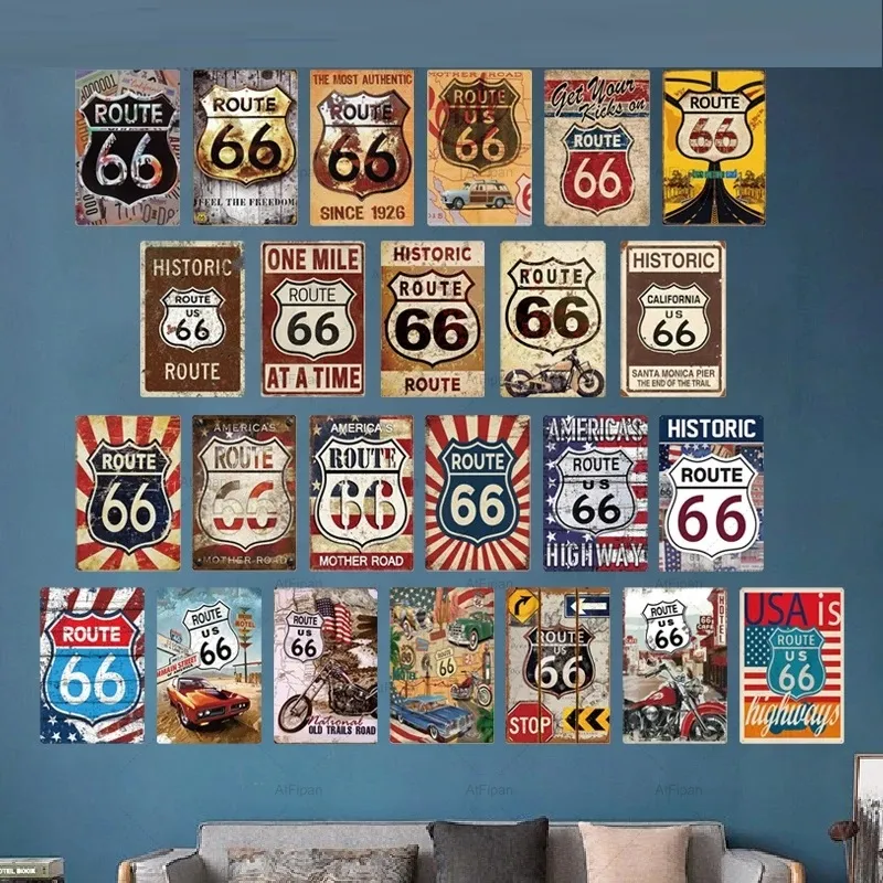 Route 66 Vintage Tin Sign - 8" X 6" Retro Metal Plaque For Man Cave, Garage, Or Pub Wall