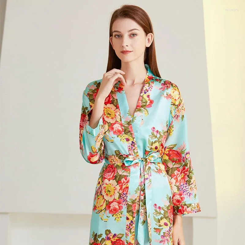Vêtements de nuit pour femmes été femmes Kimono Robe imprimer fleur maison vêtements Lingerie intime Satin nouveauté peignoir Bown chemise de nuit