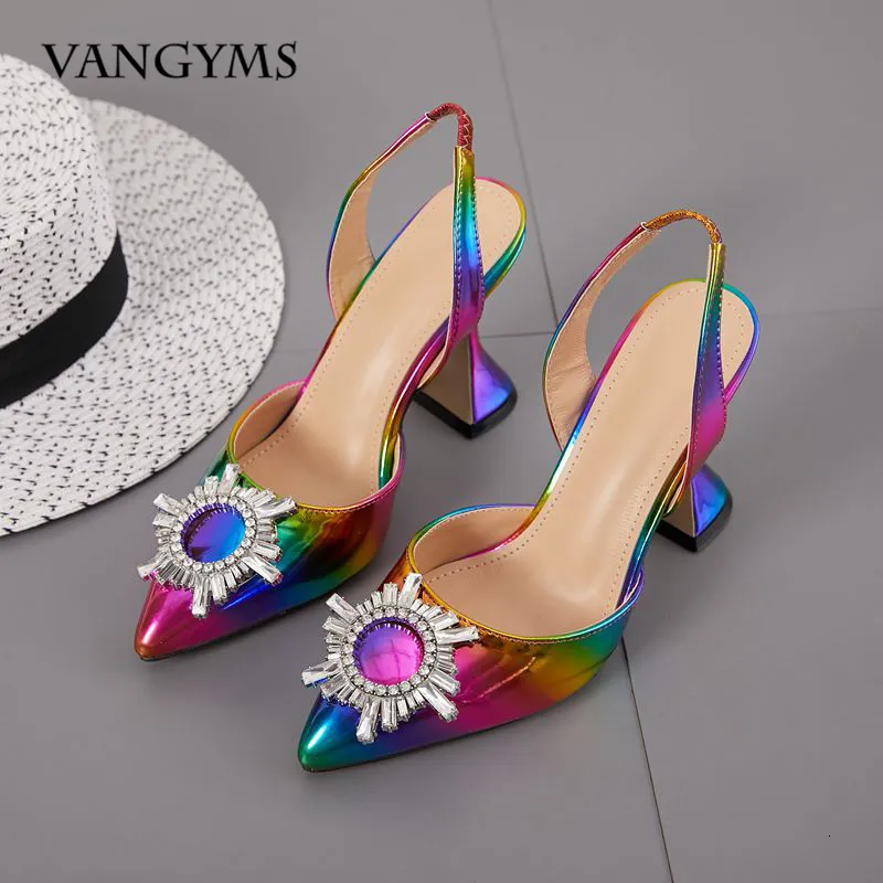 Sandaler Summer Womans High Heels Shoes Fashion Luxury Point Toe Diamond Crystal Rainbow Pumps Ladies Wedding Zapatos Mujer 230308