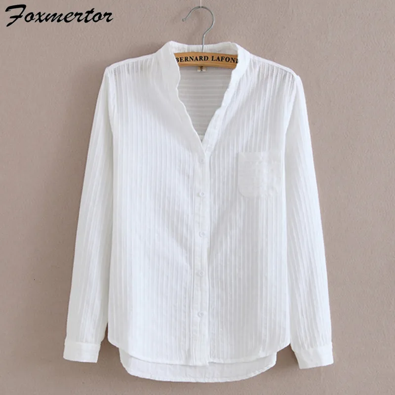 Women's Blouses Shirts Foxmertor 100% Cotton Shirt White Blouse Spring Autumn Blouses Shirts Women Long Sleeve Casual Tops Solid Pocket Blusas #66 230309