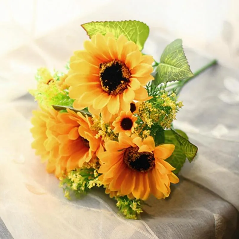 Fleurs décoratives têtes en plastique tournesol fleur artificielle faux Flores Bouquet Simulation décorer fête mariage décoration couronnes