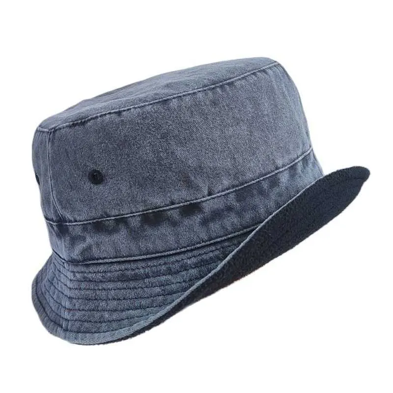 Winter Denim Fisherman Hat For Men Wide Brim, Warm Fleece, Plush 