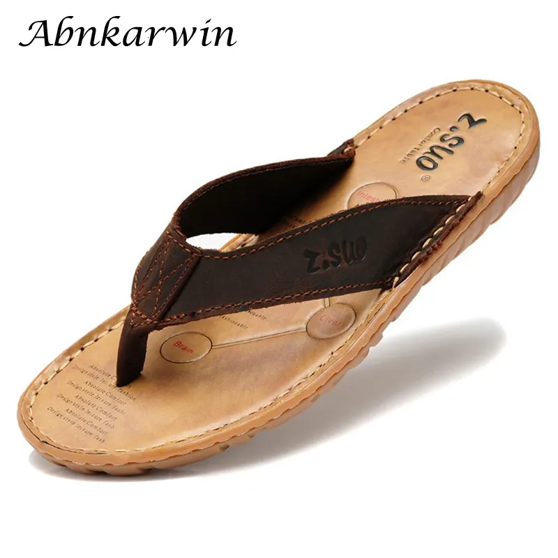 Slippers Brand Summer Men äkta läder flip flops tofflor strand utomhus flip flop sandaler platt ljus toffel chanclas hombre piel 230309