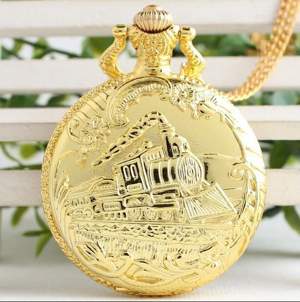 Pocket Watches Fashion Quartz Golden Locomotive Modern Clock Good Quality Steampunk Necklace