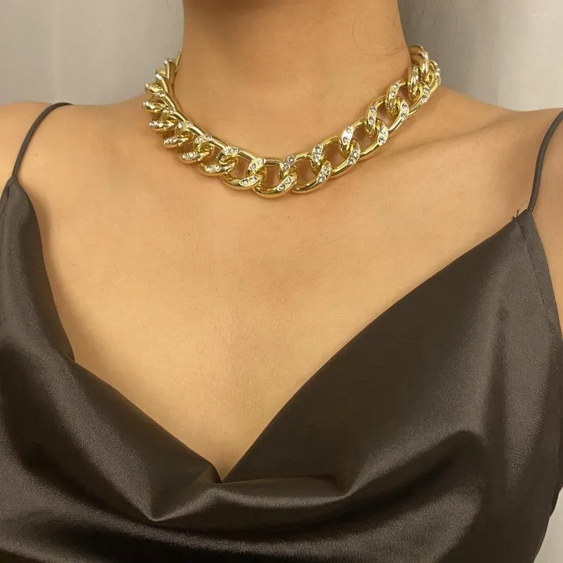 Chains Punk Curb Cuban Choker Necklace Collar Statement Gold Color Inlay Crystal Chunky Thick Clavicle Chain For Women Jewelry