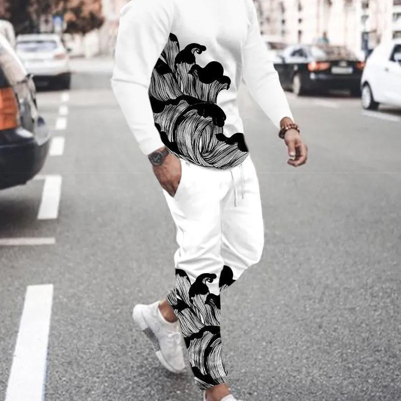 Mens Tracksuits 3D Printing Contrast Pattern Tshirt Set AutumnWinter Fashion Street Long Sleeve TopPants 2Pcs Oversize 6XL 230308
