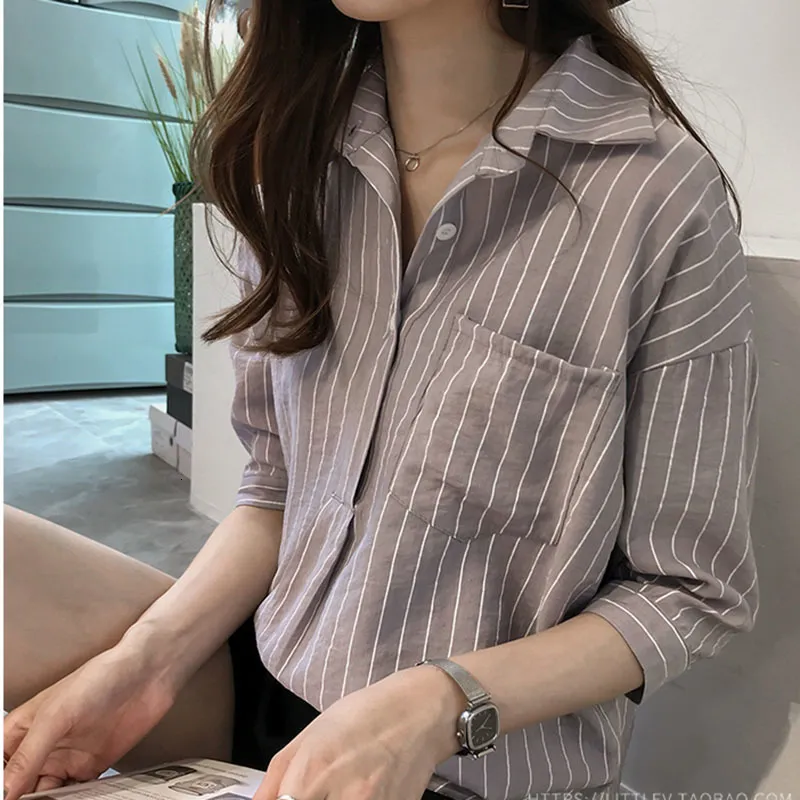 Women's Blouses Shirts Summer Womens Blouse Shirt Stripe 3/4 sleeve Plus size Womens Blouses Shirts Loose striped Camisa mujer White/Pink/Gray 230309