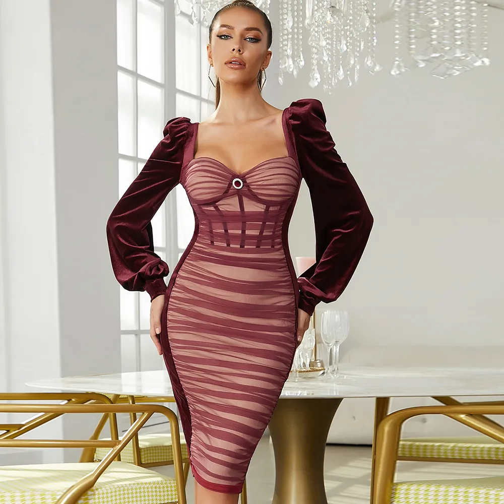 Burgundy Ruched Sheath Mother Of The Bride Dresses Long Sleeve
