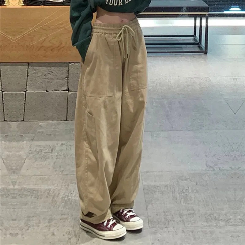 Damesbroeken capris vintage vrachtbroek vrouwen kaki wijd been broek unisex Harajuku baggy zweetbroek hiphop broek trekstring streetwear pantalon 230309