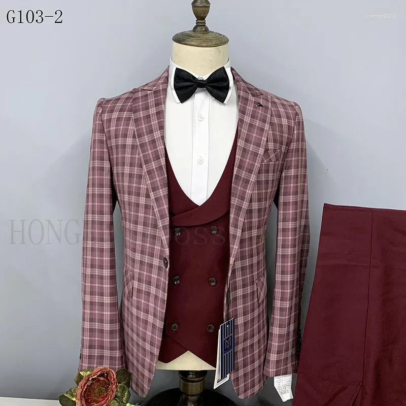 Men's Suits Plaid Boutique Fashion Mens Business Suit High-end Social Formal 3 Pcs Set Groom Wedding ( Jacket Vest Pants ) Men