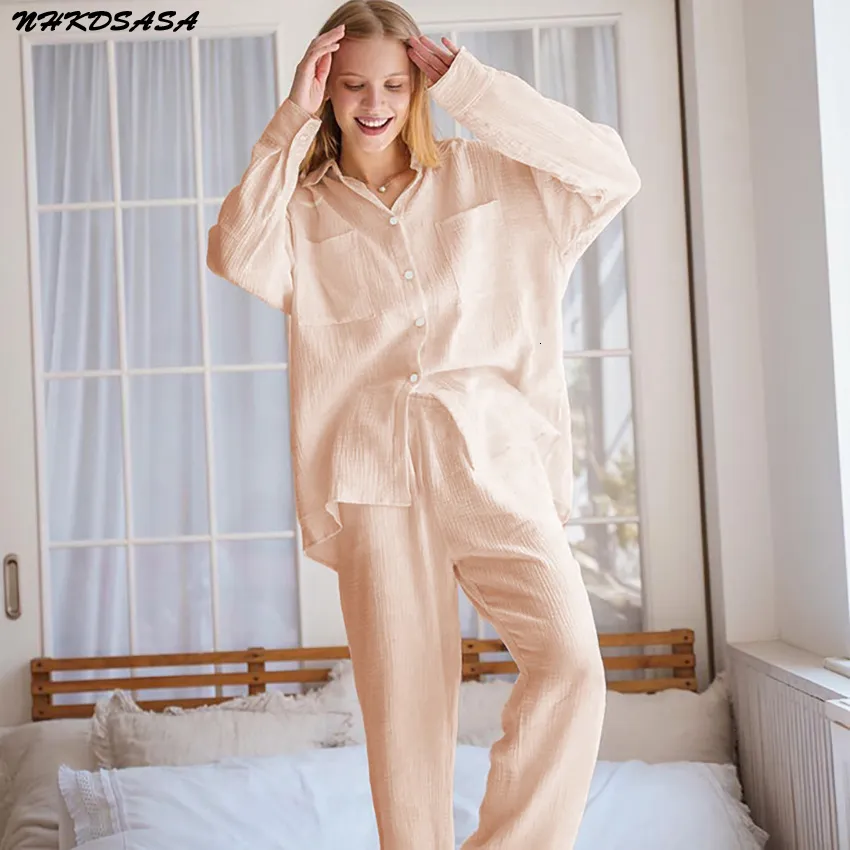 Vêtements de nuit pour femmes Pyjamas en coton décontractés pour femmes Vêtements de nuit amples Manches tombantes Costume à la maison Col rabattu Pantalon Costumes Ensemble Femme 2 pièces 230309